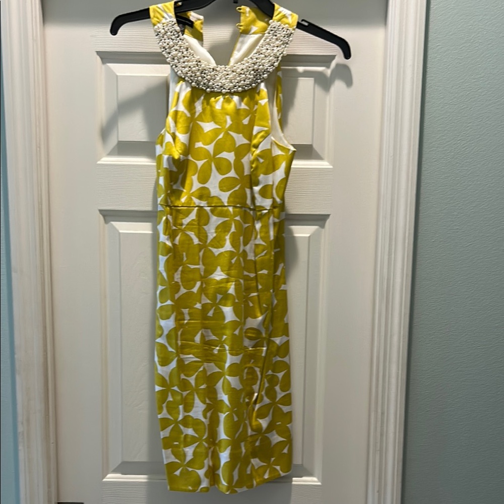 Pear Detailed INC International Concepts Yellow and White Halter Sheath Dress